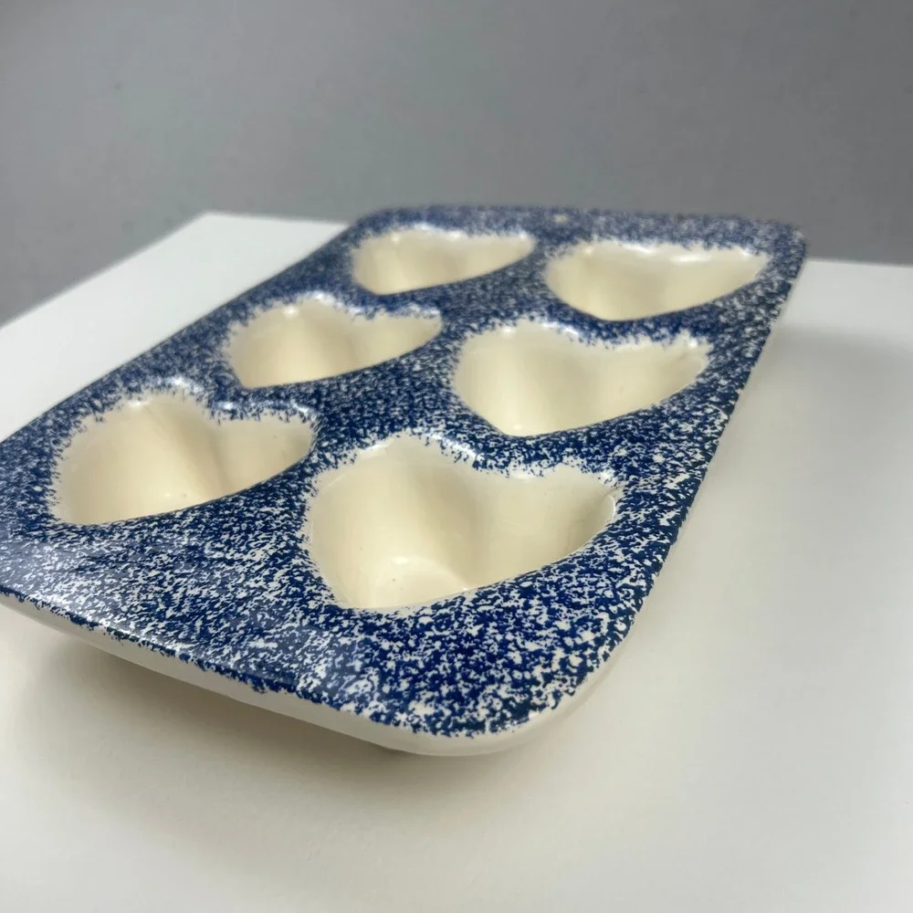 Ceramic Heart Muffin Pan 6 Count Cottagecore Sponge Spatterware Farmhouse
